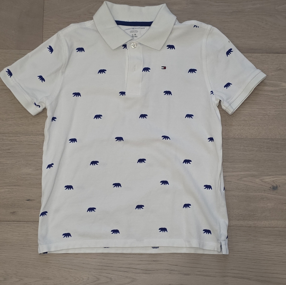 Tommy Hilfiger White Polo Shirt Short Sleeve with Bear Print L 12 - 14